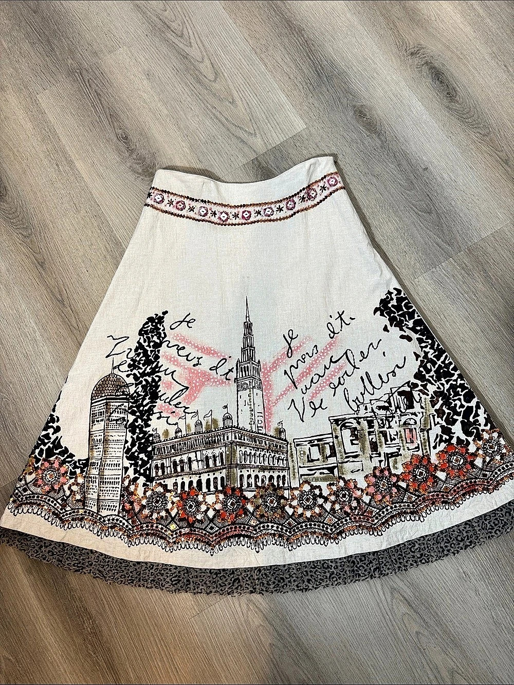 Basil & Maude Embroidered A-Line Skirt in Cream & Black Like New